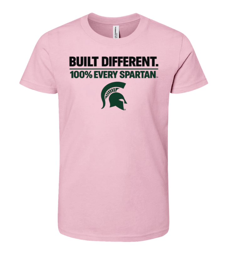 Pink T-shirt with “BUILT DIFFERENT. 100% EVERY SPARTAN.” text and green Spartan helmet logo