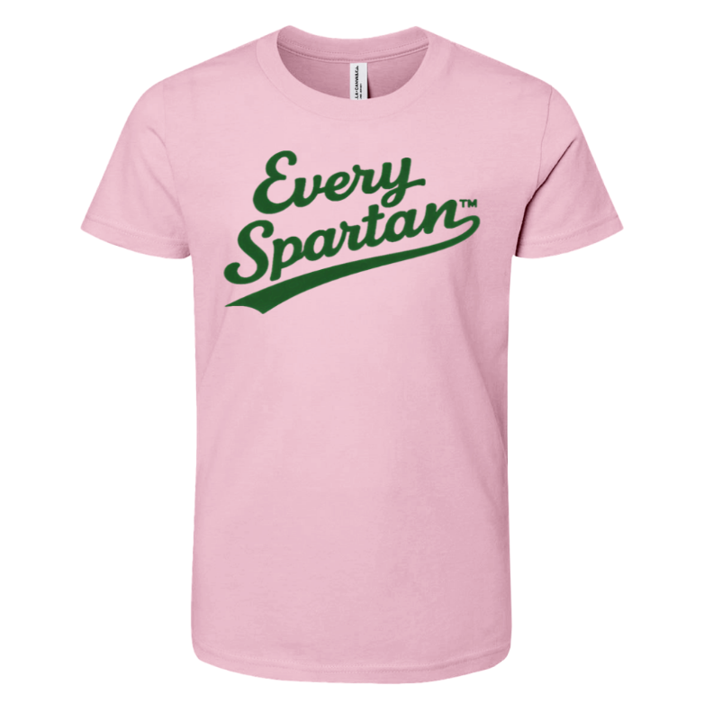 Pink T-shirt with green “Every Spartan” text logo