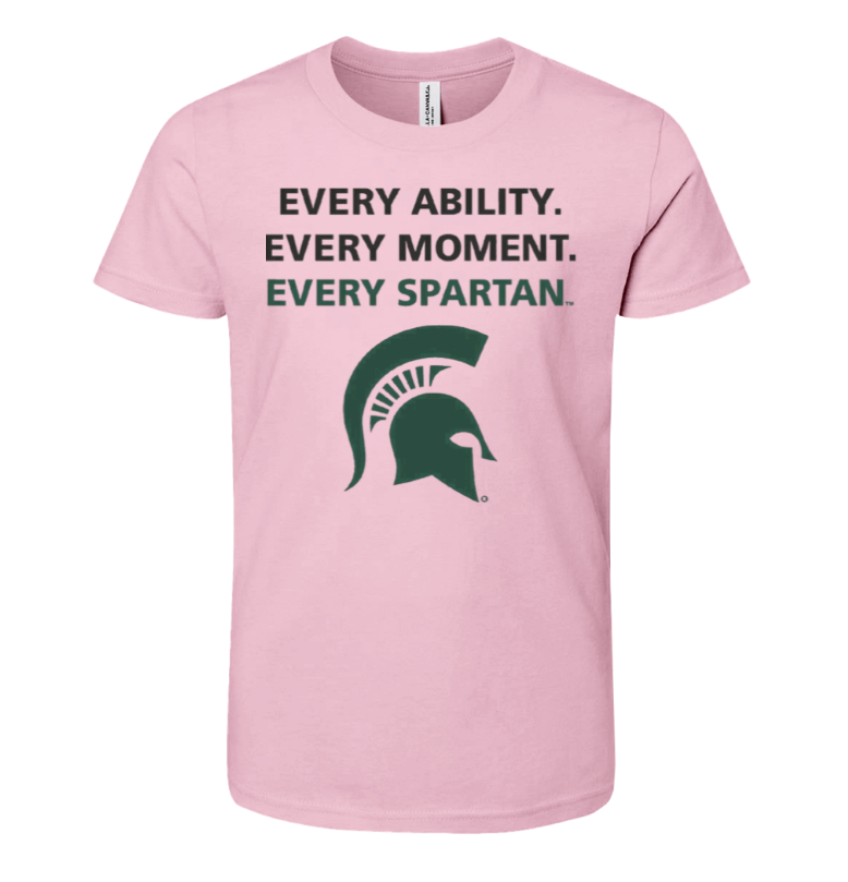 Pink T-shirt with Spartan helmet logo and text: “EVERY ABILITY. EVERY MOMENT. EVERY SPARTAN.”