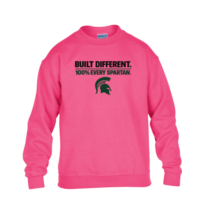 Pink sweatshirt with “BUILT DIFFERENT. 100% EVERY SPARTAN.” text and Spartan helmet logo