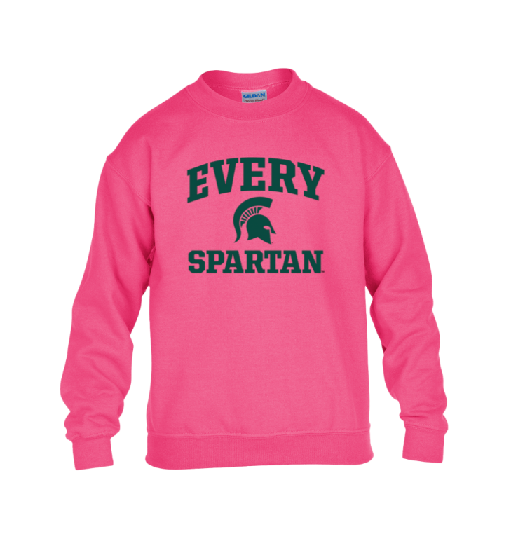 Pink crewneck sweatshirt with “EVERY SPARTAN” text and Spartan helmet logo on the front