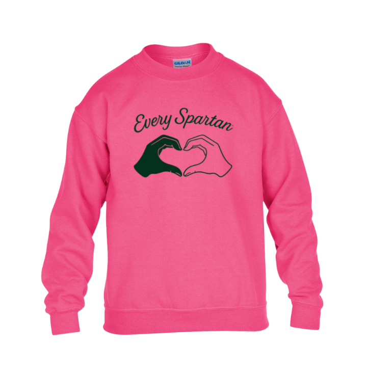 Pink sweatshirt with “Every Spartan” text and two hands forming a heart graphic.