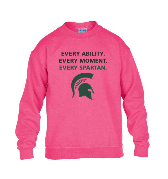 Pink sweatshirt with Spartan logo and text: “Every ability. Every moment. Every Spartan.”
