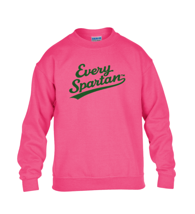 Pink sweatshirt with “Every Spartan” logo on the front