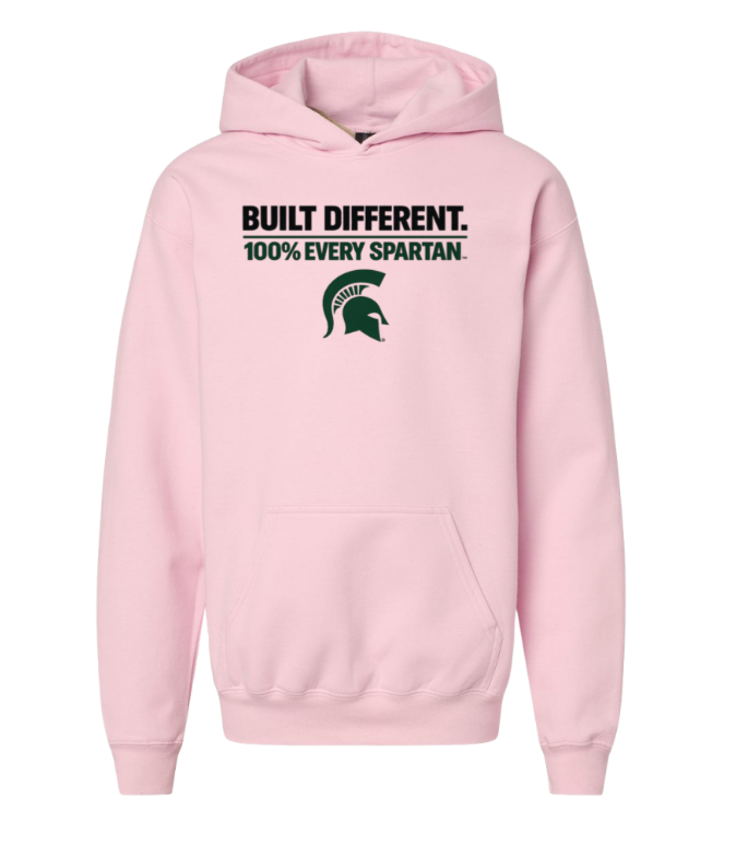 Pink hoodie with “Built Different. 100% Every Spartan.” text and Spartan helmet logo