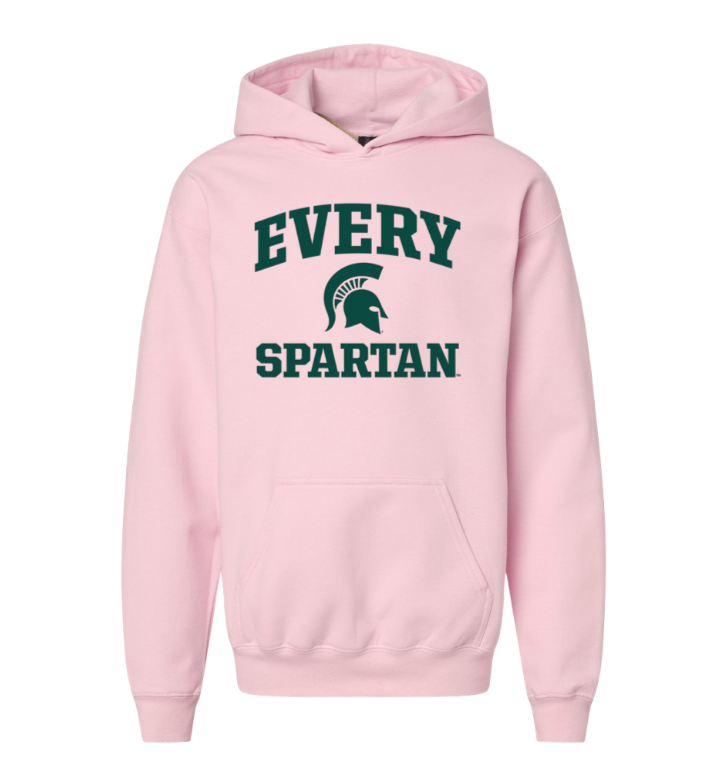 Light pink hoodie with green “EVERY SPARTAN” text and Spartan helmet graphic