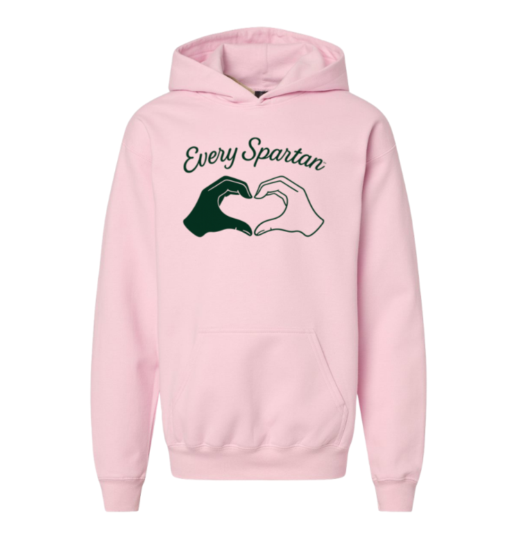 Light pink hoodie with “Every Spartan” text and two hands forming a heart on the chest