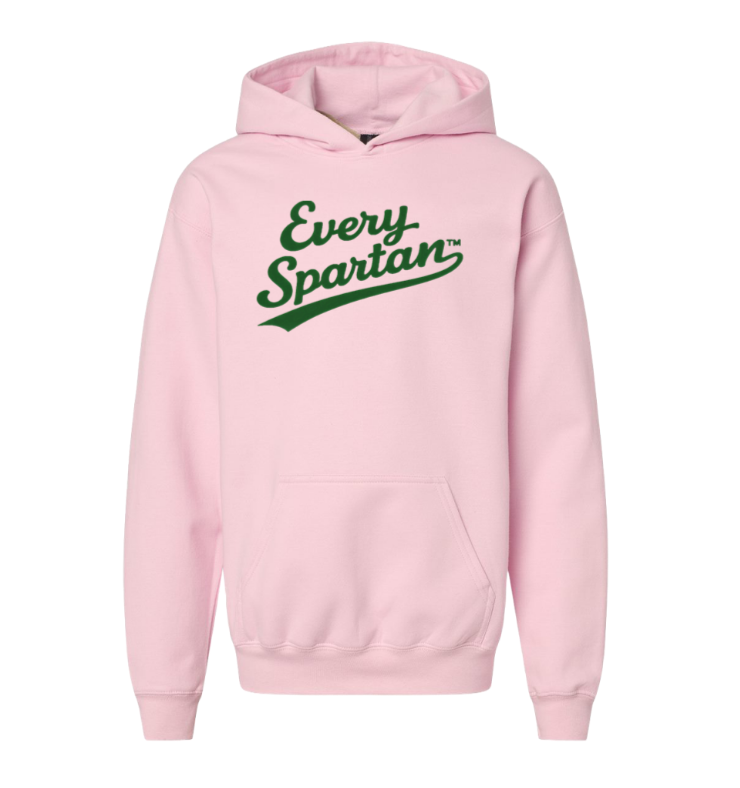 Light pink hoodie with green “Every Spartan” text on the front