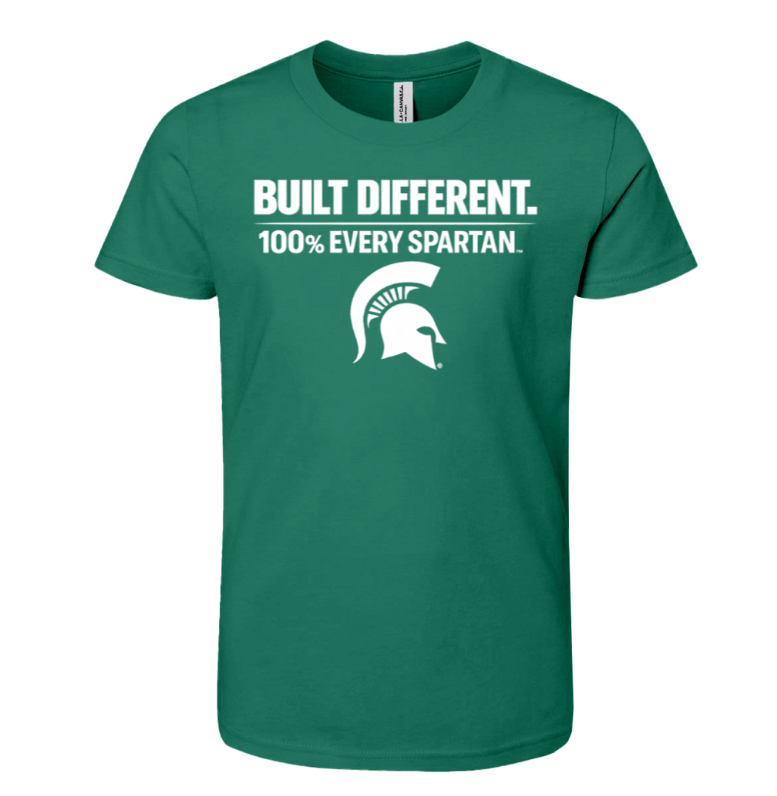 Green T-shirt with white Spartan helmet logo and text “BUILT DIFFERENT. 100% EVERT SPARTAN.”