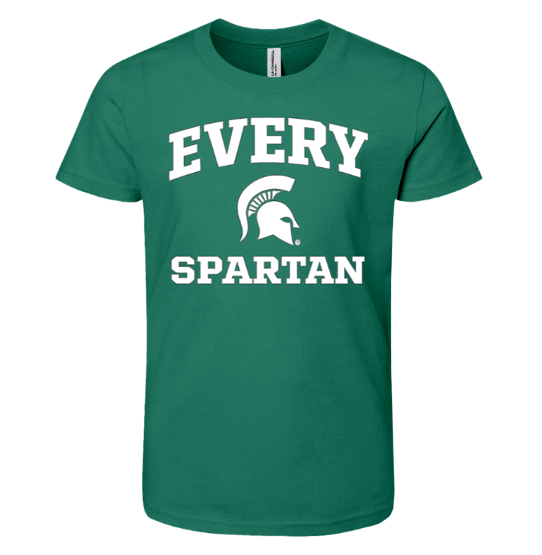 Green T-shirt with white “EVERY SPARTAN” text and Spartan helmet graphic