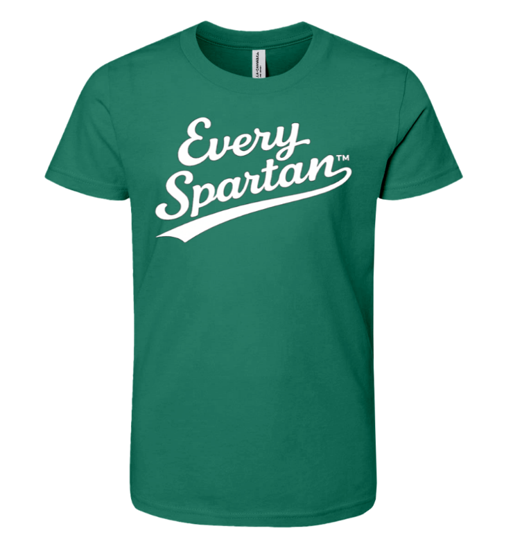 Green T-shirt with white “Every Spartan” text logo