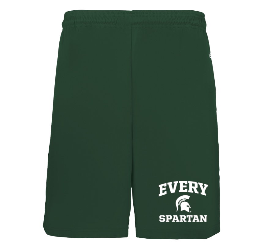 Dark green shorts with white “EVERY SPARTAN” text and Spartan helmet logo on the leg
