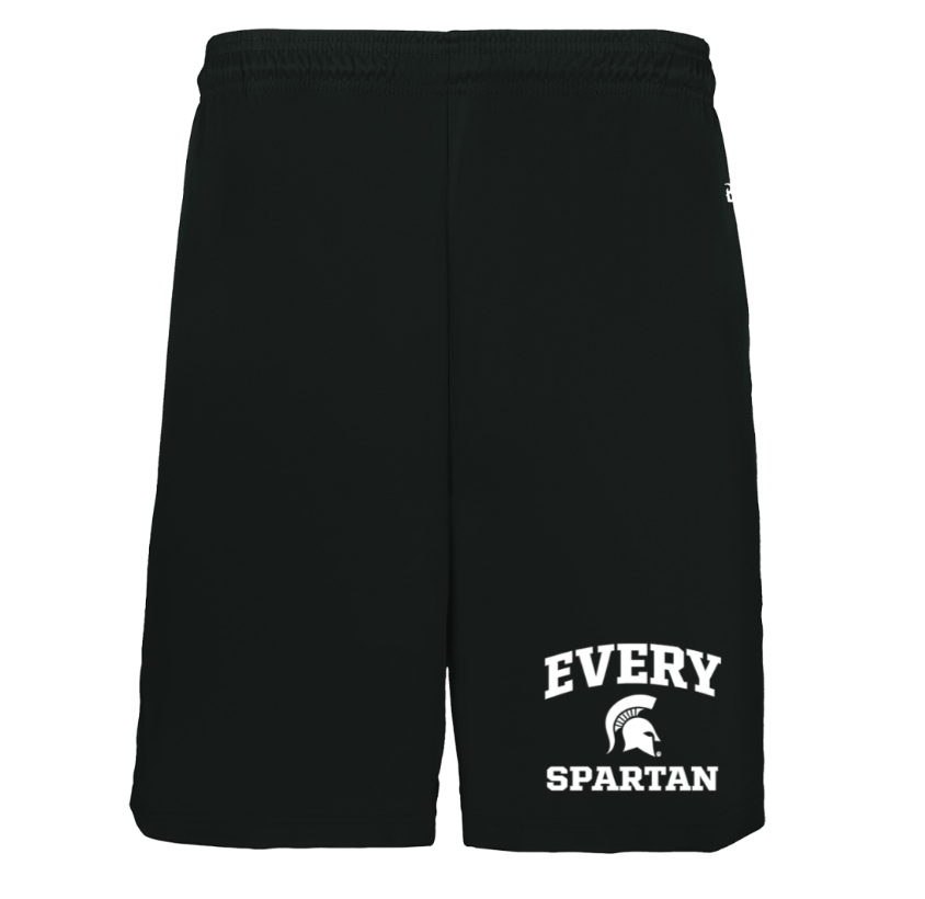 Black Spartan athletic shorts with white “EVERY SPARTAN” text on the leg