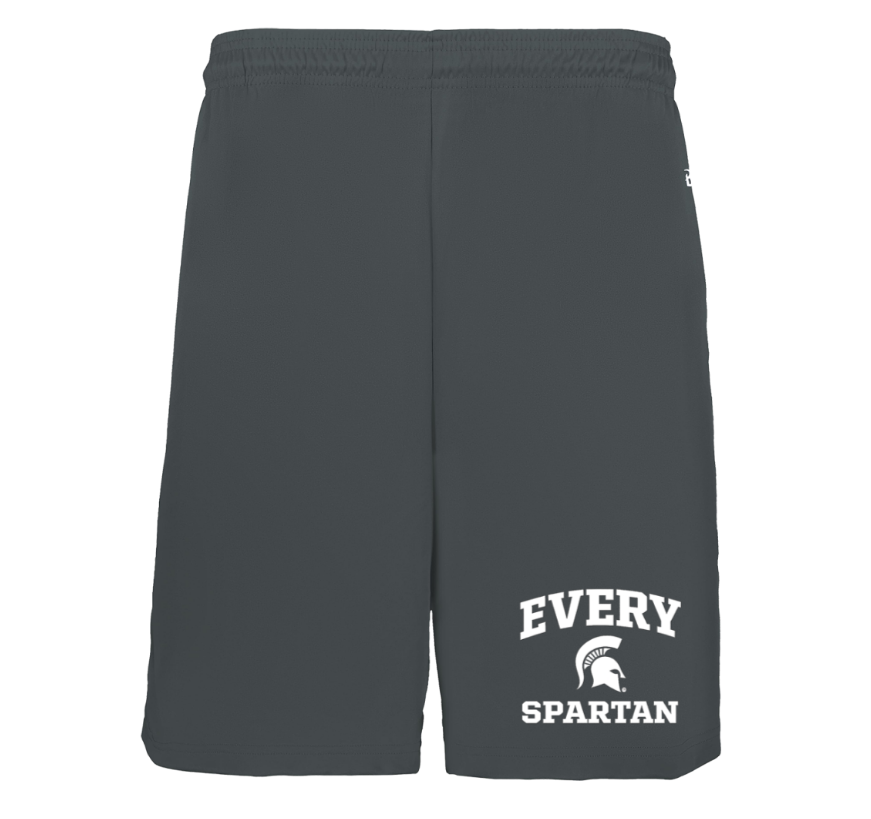 Black Spartan athletic shorts with white “Every Spartan” logo on the leg