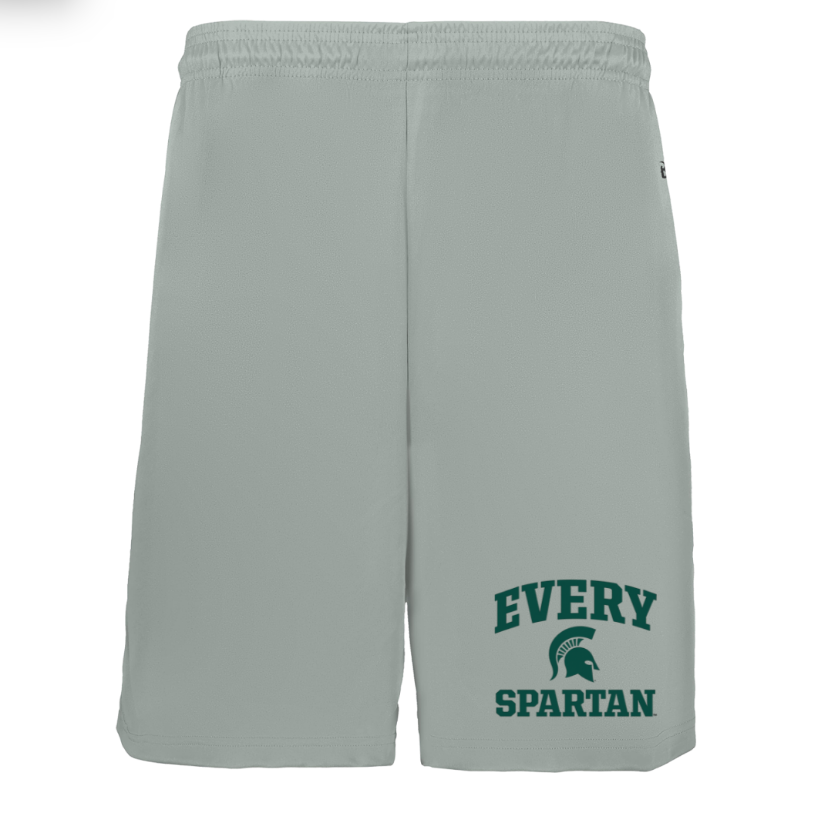 Light gray shorts with green “EVERY SPARTAN” text and Spartan helmet logo.