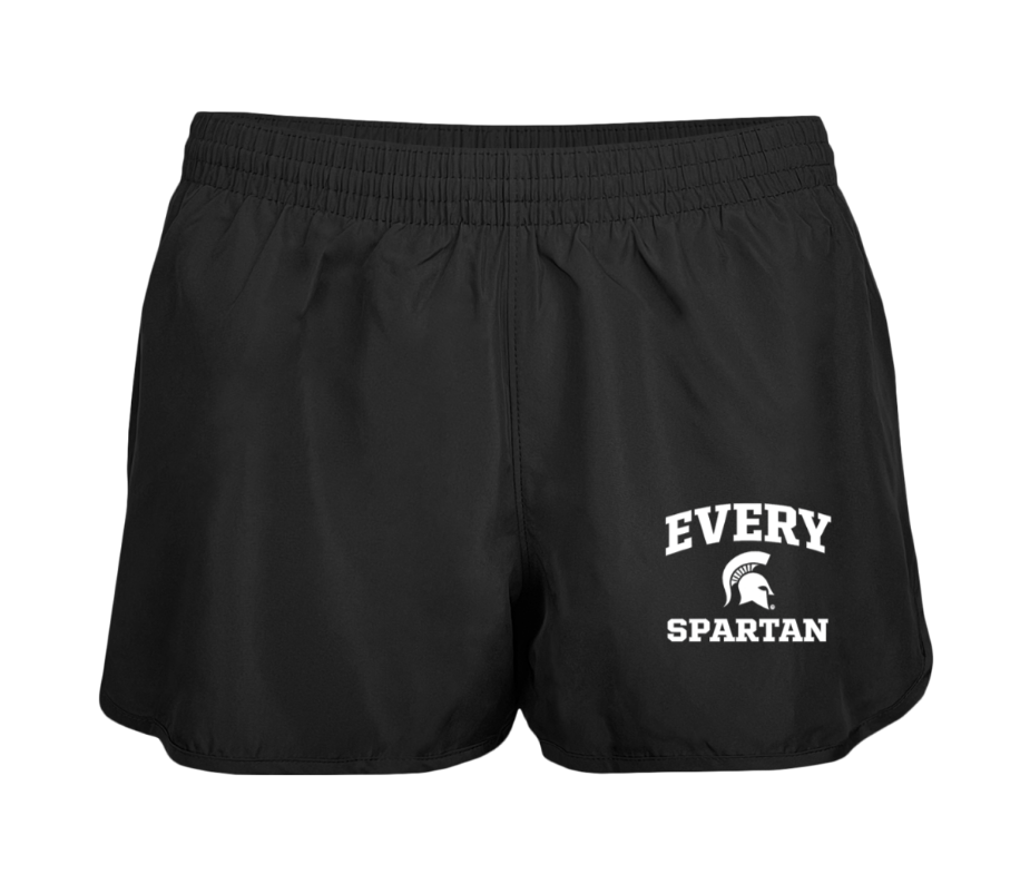 Black athletic shorts with “EVERY SPARTAN” printed on the leg.