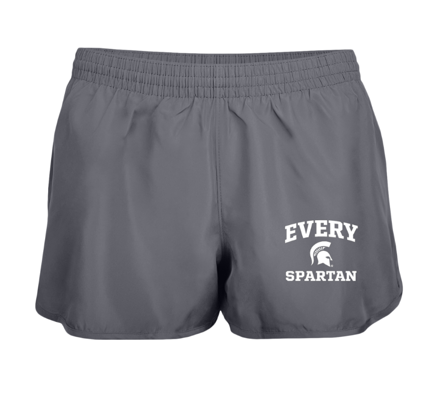 Gray athletic shorts with “EVERY SPARTAN” printed in white on the lower right leg