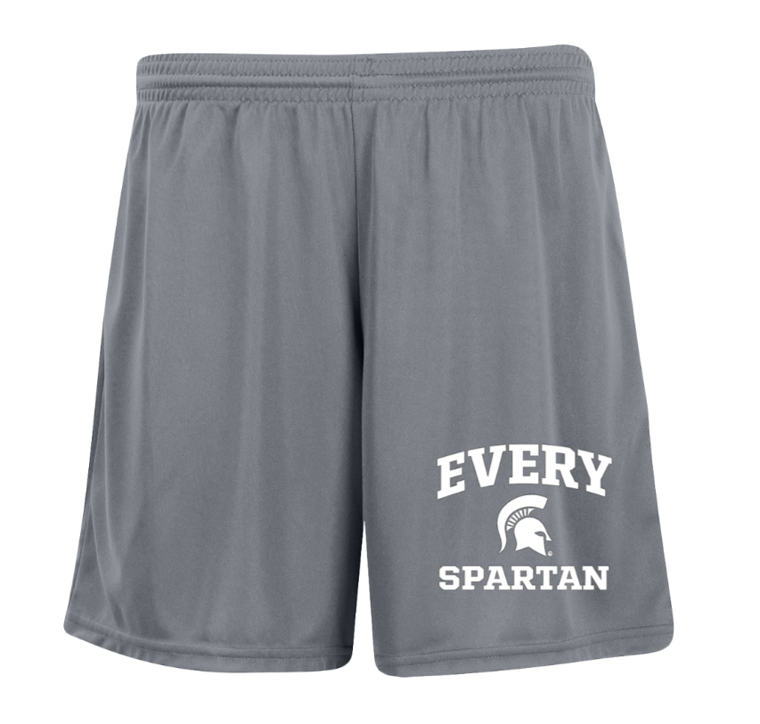 Gray athletic shorts with “Every Spartan” logo printed on the leg