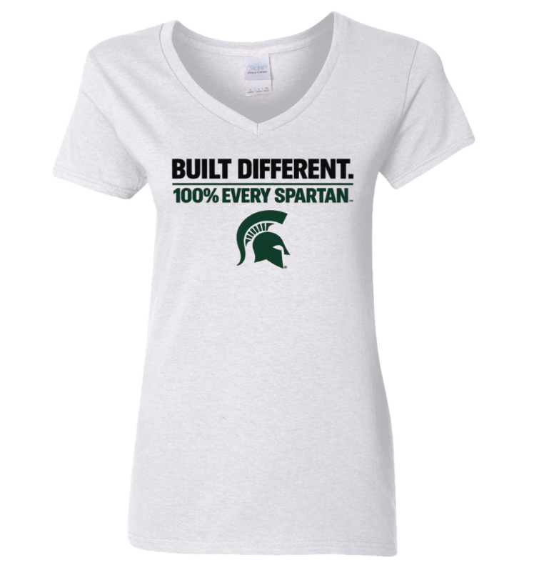 White V-neck T-shirt with Spartan helmet logo and text “BUILT DIFFERENT. 100% EVERY SPARTAN.”