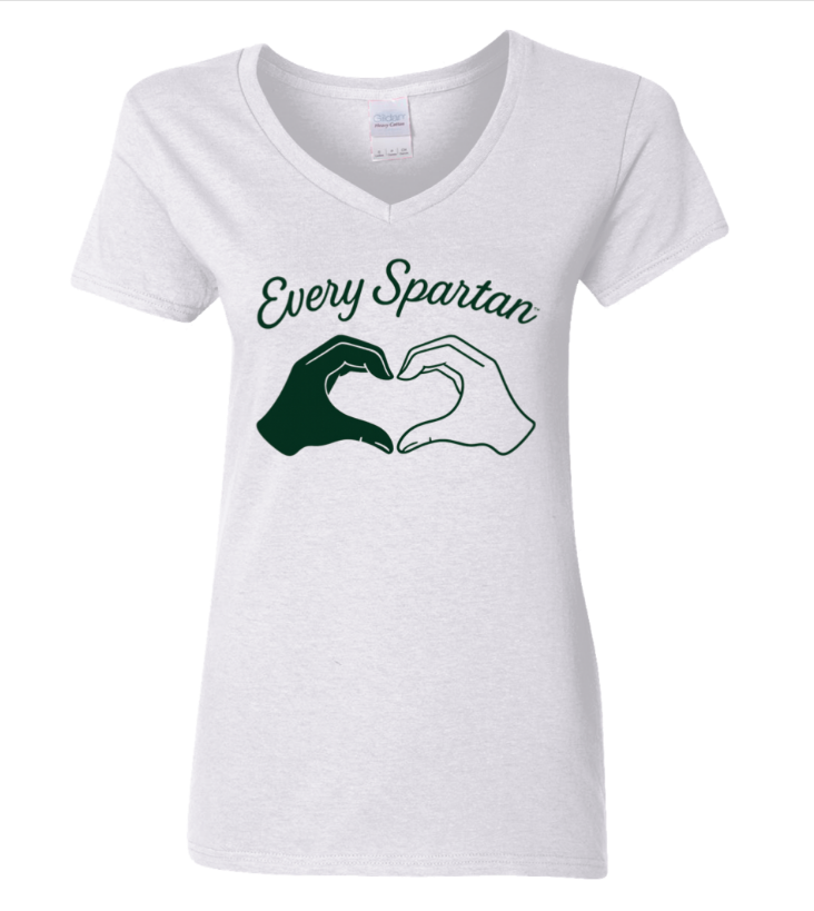 White V-neck T-shirt with “Every Spartan” text and two hands forming a heart shape in green and white