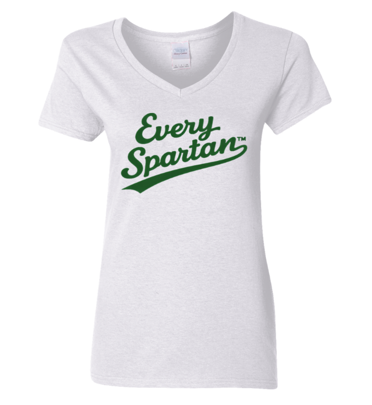 White V-neck T-shirt with green “Every Spartans” text logo
