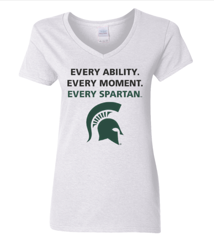 White V-neck T-shirt with green Spartan helmet logo and text “Every Ability. Every Moment. Every Spartan.”
