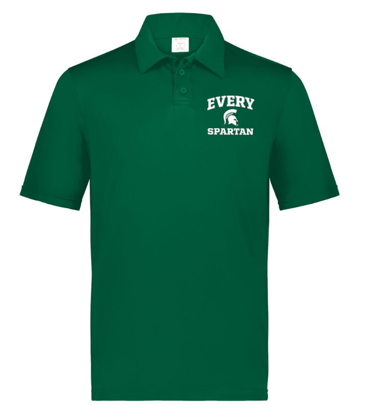 Green polo shirt with white “Every Spartan” logo on the chest.