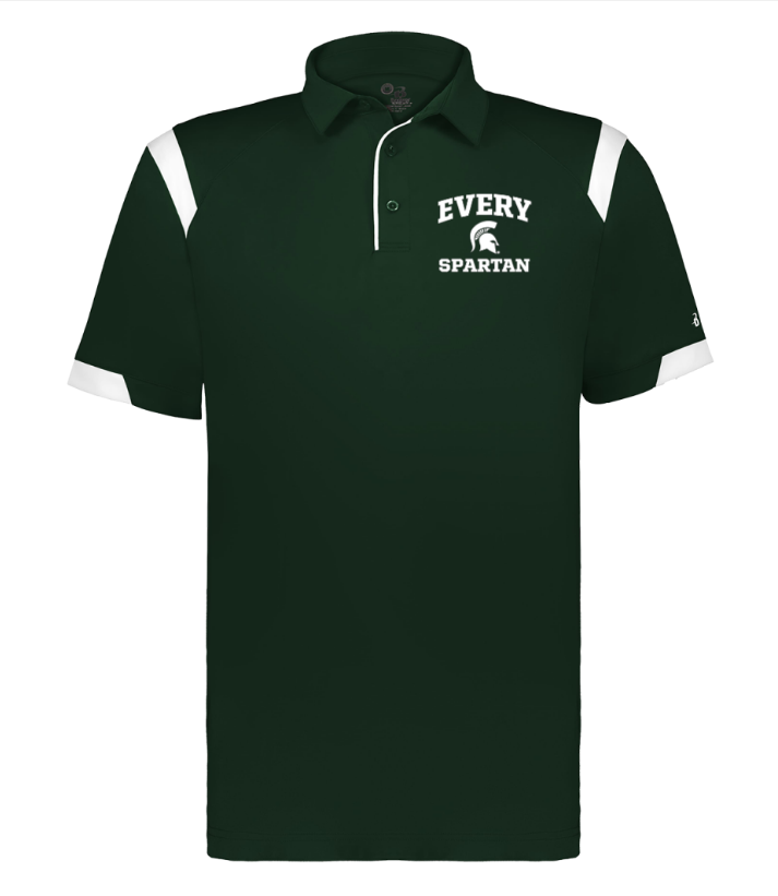 Dark green polo shirt with white shoulder accents and 