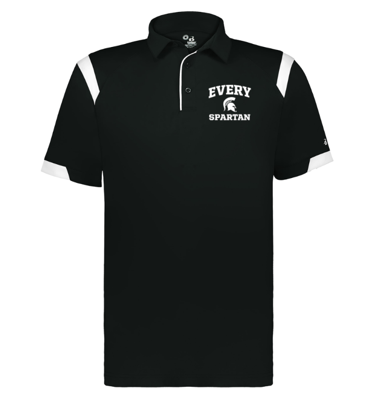 Black polo shirt with white collar and sleeve trim, labeled “Every Spartan” on the chest.