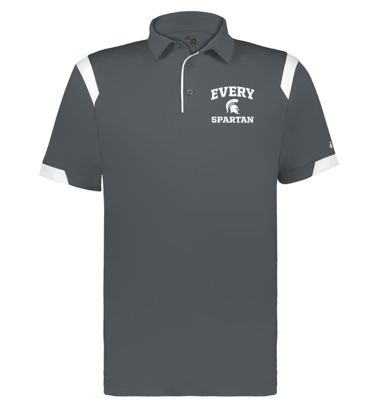 Dark gray polo shirt with white accents and “EVERY SPARTAN” logo on the chest