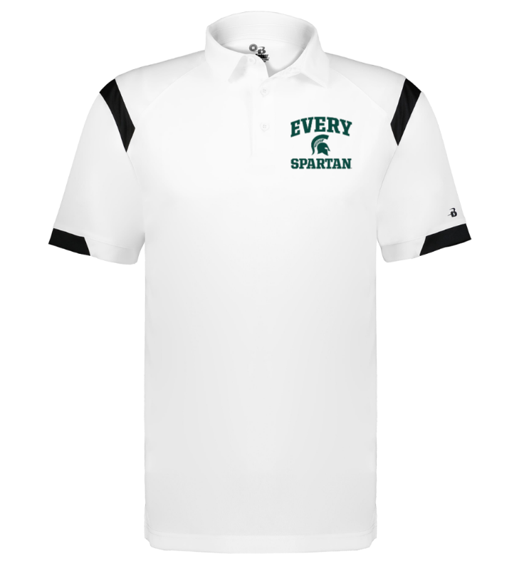 White polo shirt with black accents and “Every Spartan” logo on the chest