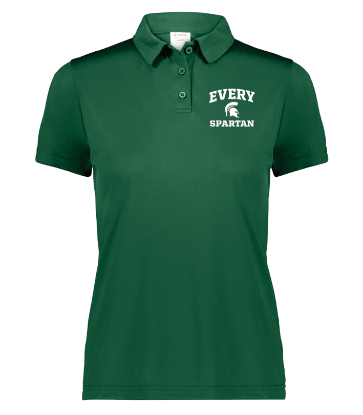 Green polo shirt with white “EVERY SPARTAN” logo on the chest