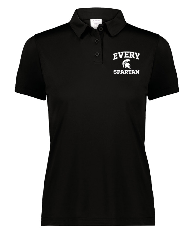 Black polo shirt with white “Every Spartan” logo on the chest