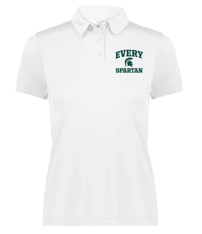 White polo shirt with “Every Spartan” logo on the left chest.