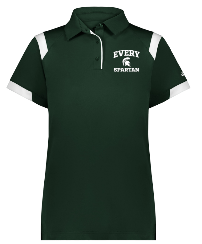 Dark green polo shirt with white shoulder accents and 