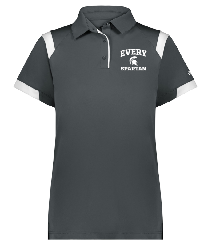 Dark gray short-sleeve polo shirt with white collar, sleeves, and “Every Spartan” logo on chest.
