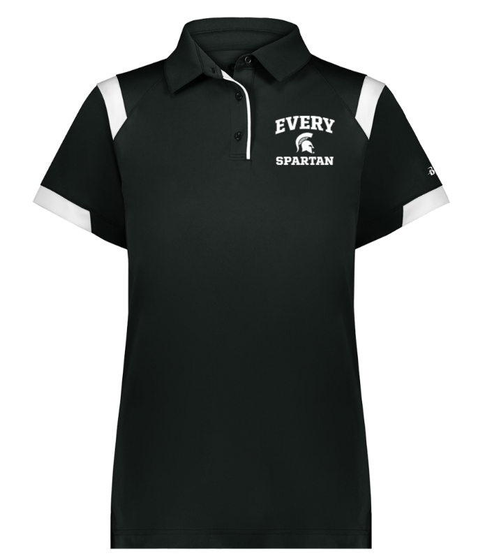 Black polo shirt with white sleeves and collar, featuring “EVERY SPARTAN” logo on the chest