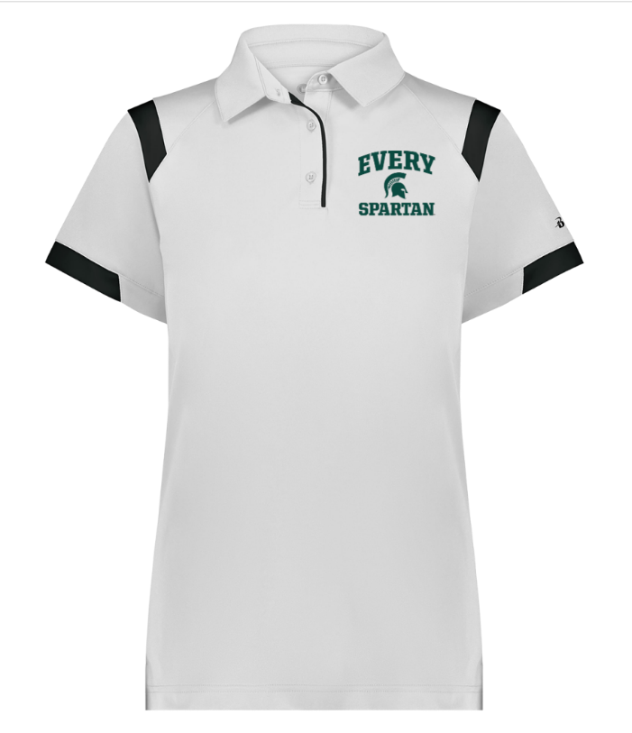 White polo shirt with black shoulder accents and “EVERY SPARTAN” logo on the chest