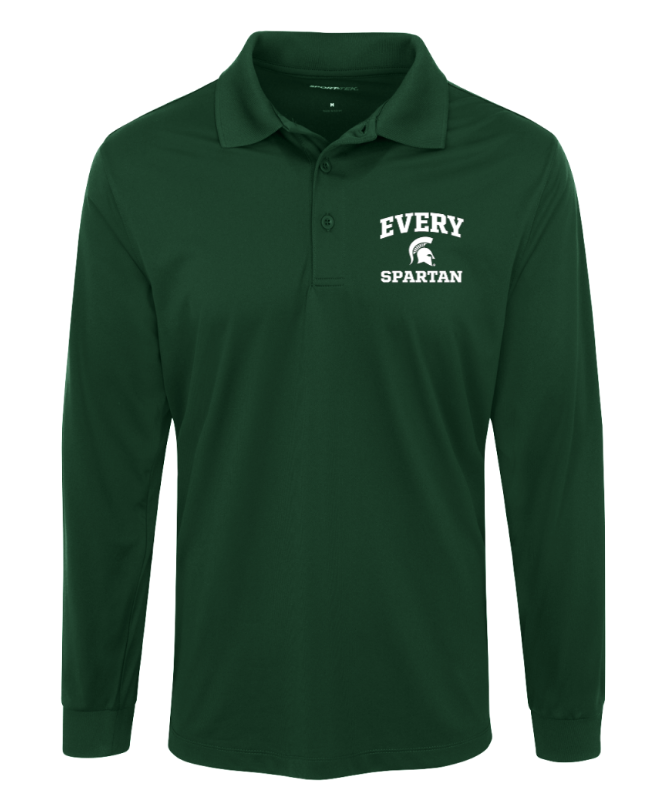 Dark green long-sleeve polo shirt with white “EVERY SPARTAN” logo on the chest