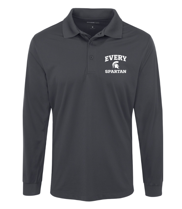 Dark gray long-sleeve polo shirt with “EVERY SPARTAN” logo on the chest