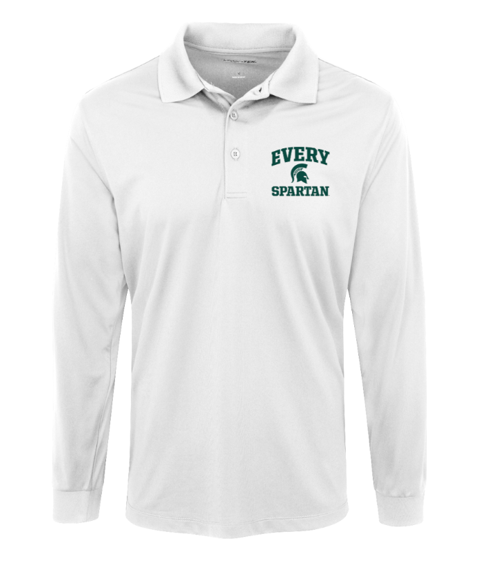 White long-sleeve polo shirt with green “EVERY SPARTAN” logo on the left chest