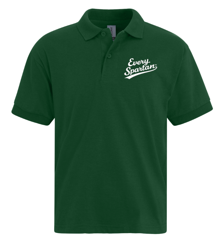 Green polo shirt with white “Every Spartan” logo on the chest