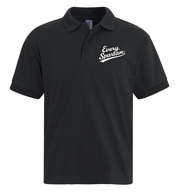 Black polo shirt with white “Curry Spartans” logo on the chest