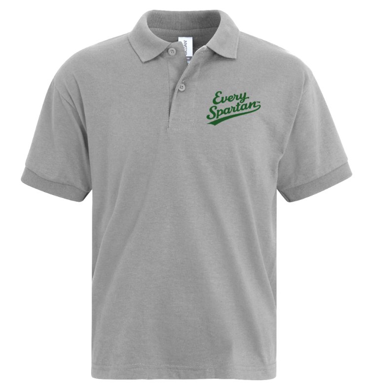 Gray polo shirt with green “Euless Spartans” logo on the chest