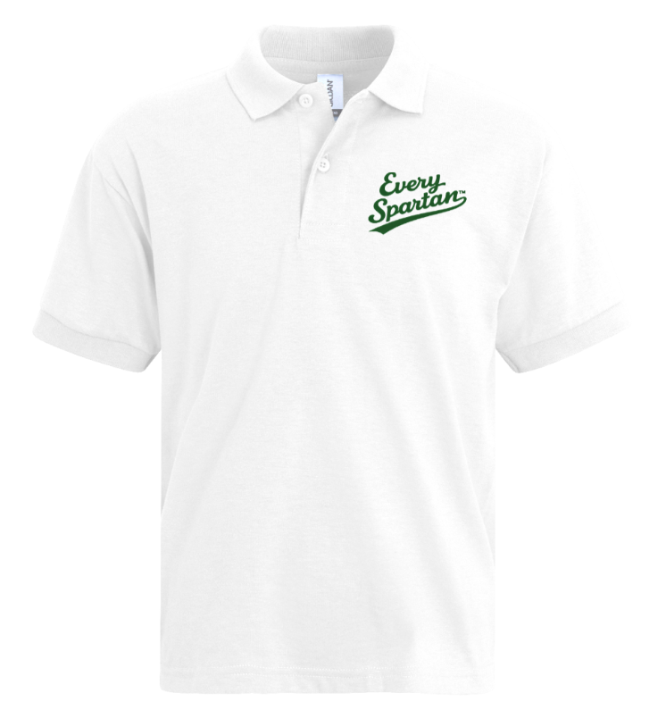 White polo shirt with green “Every Spartan” logo on the chest