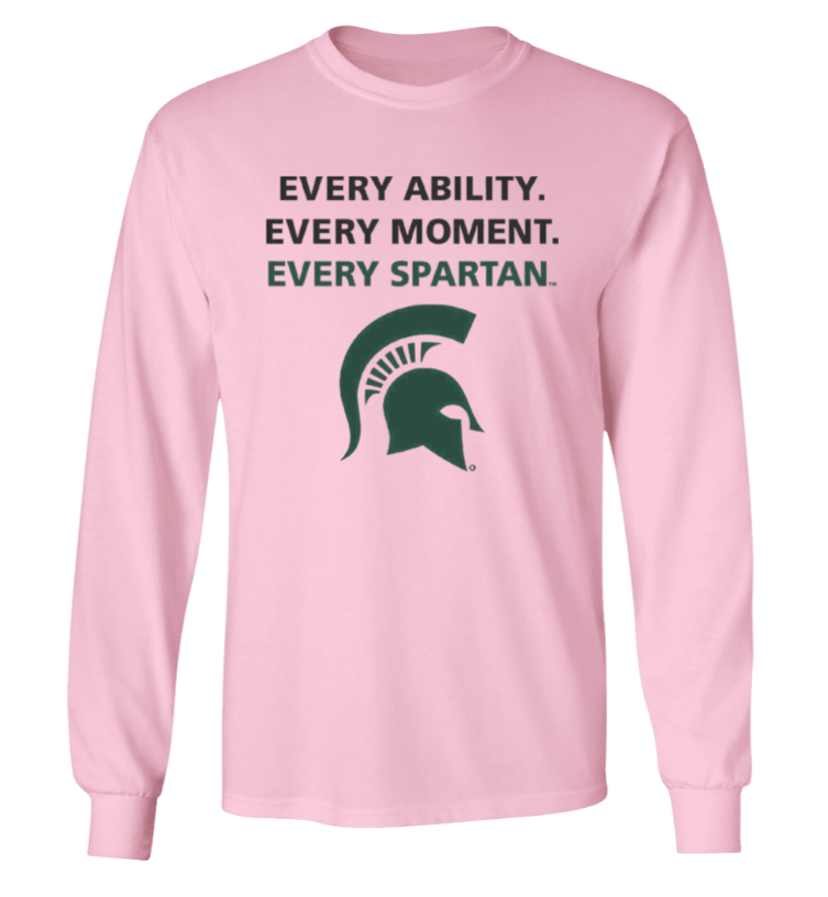 Pink long-sleeve shirt with “EVERY ABILITY. EVERY MOMENT. EVERY SPARTAN.” and a Spartan helmet logo