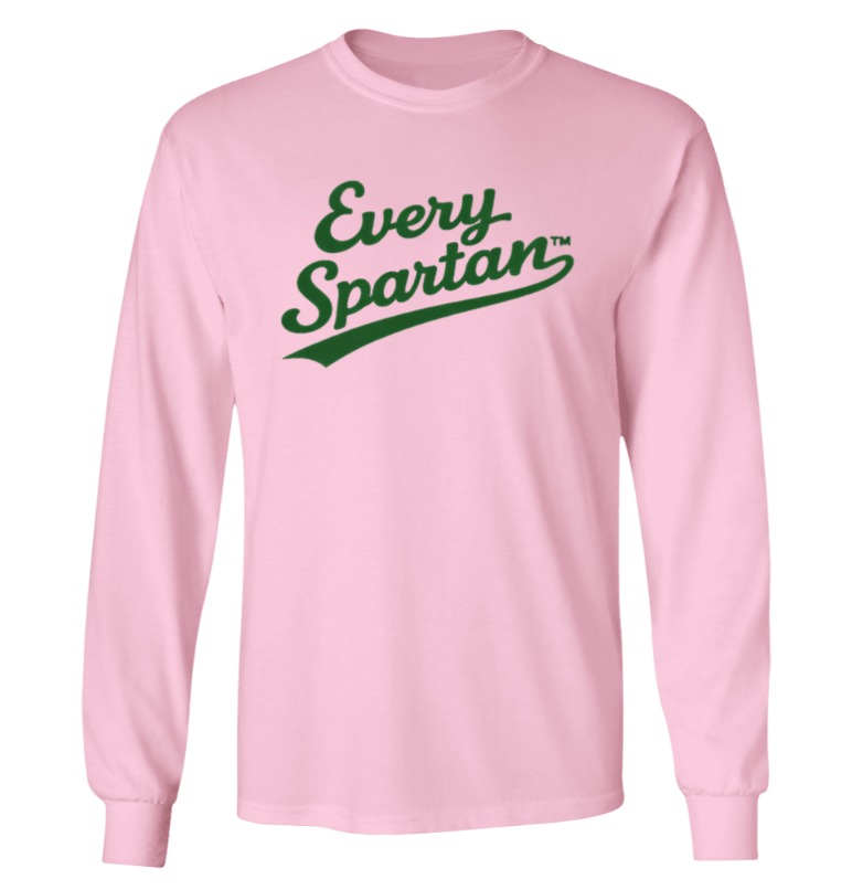 Light pink long-sleeve shirt with green “Every Spartan” text on the chest