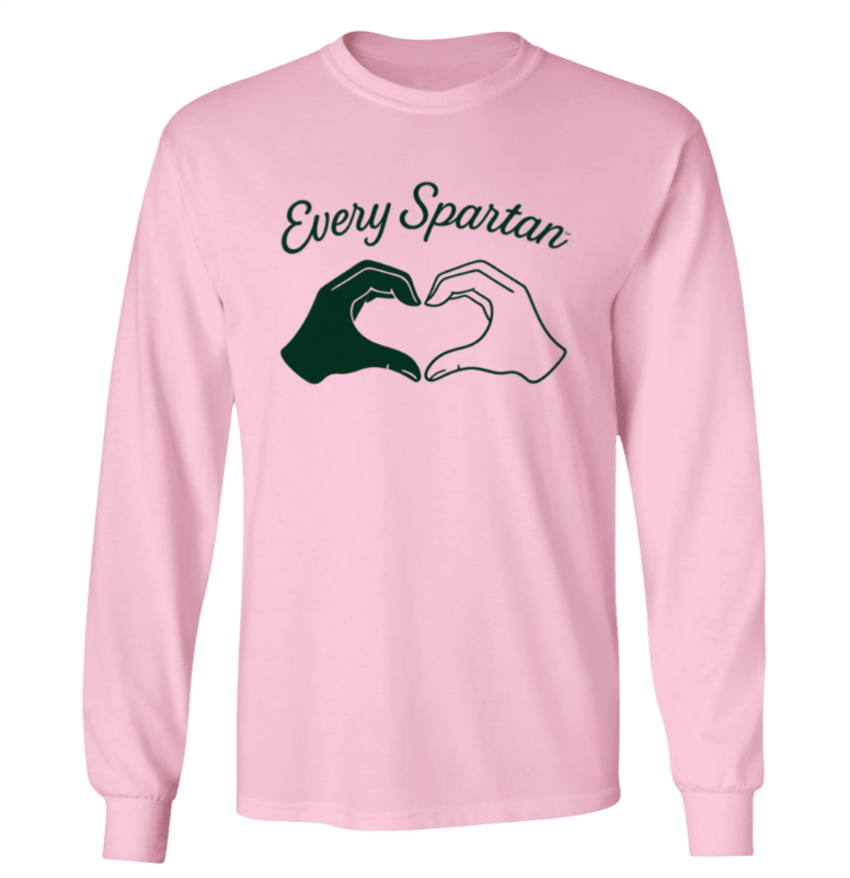 Pink long-sleeve shirt with “Every Spartan” text and two hands forming a heart on the chest.