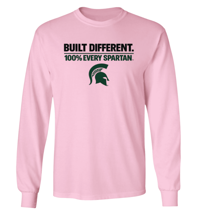 Pink long-sleeve shirt with “BUILT DIFFERENT. 100% EVERY SPARTAN.” and a green Spartan helmet logo