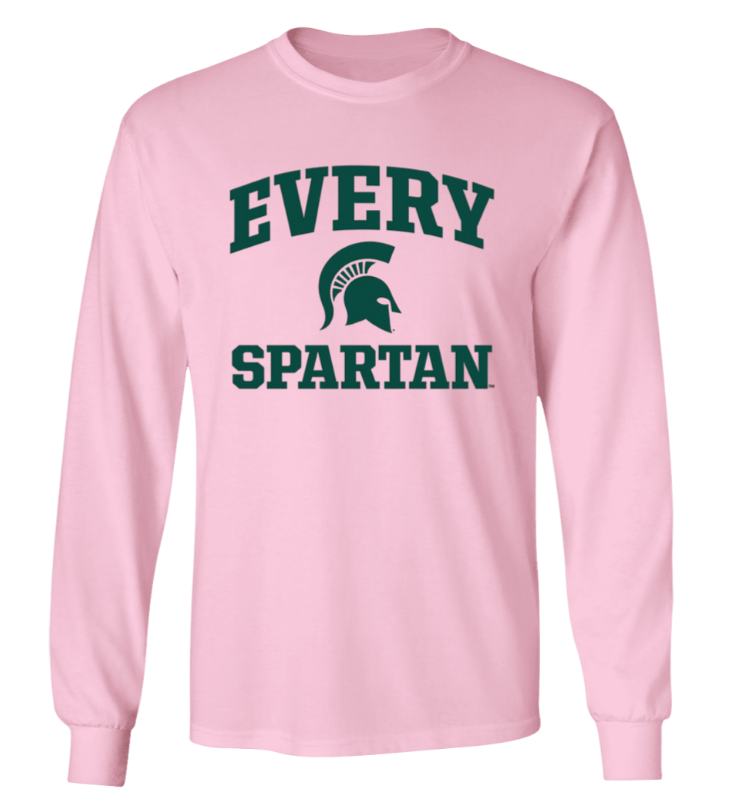 Pink long-sleeve shirt with green “EVERY SPARTAN” text and Spartan helmet logo.